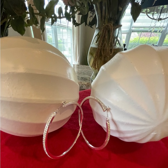 Large silver tone and crystal hoop earrings - Picture 3 of 3